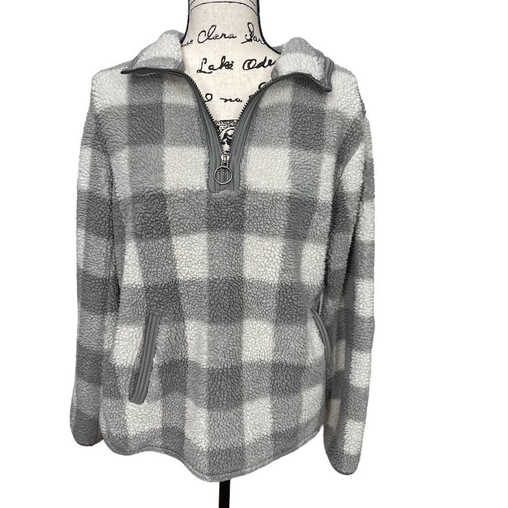Cozy Sherpa Quarter-Zip Jacket Women's Medium Ivory Grey Gingham Plaid Pullover - Picture 9 of 13
